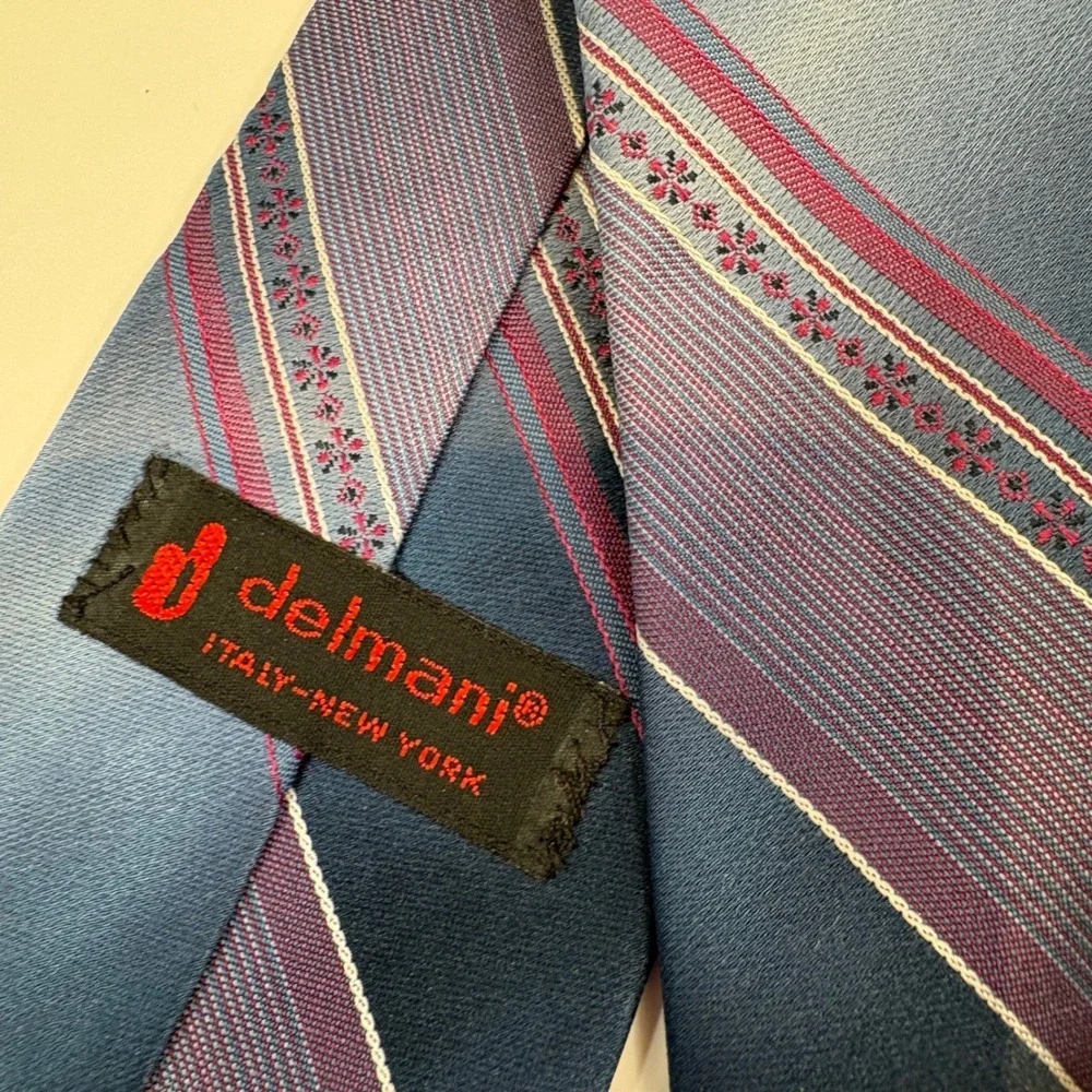 Delmani Italy New York Men Silk Tie Blue Purple Striped Geometric Floral Pattern